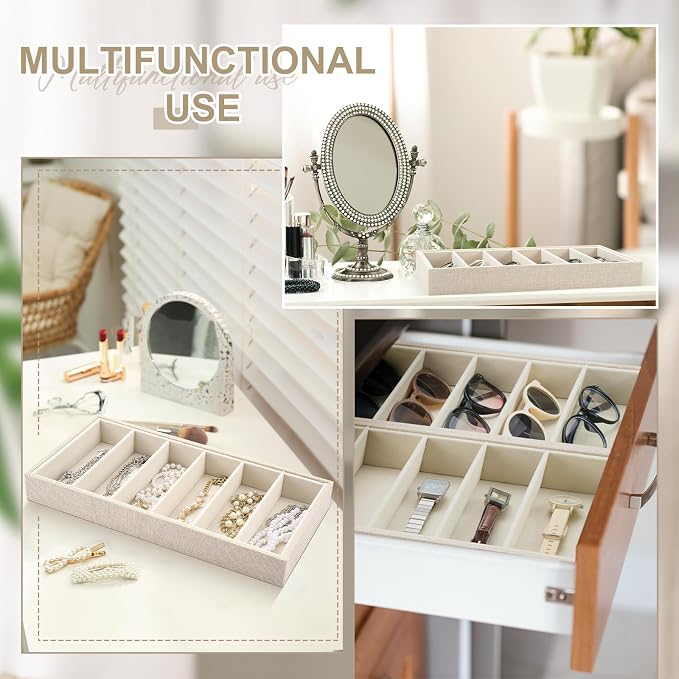 Juexica 2 Pcs Velvet Sunglasses Organizer Tray 6 Grid Sunglass Organizer Velvet Tray Stackable Glasses Display Case for Women Glasses Jewelry Display Watch (Linen)