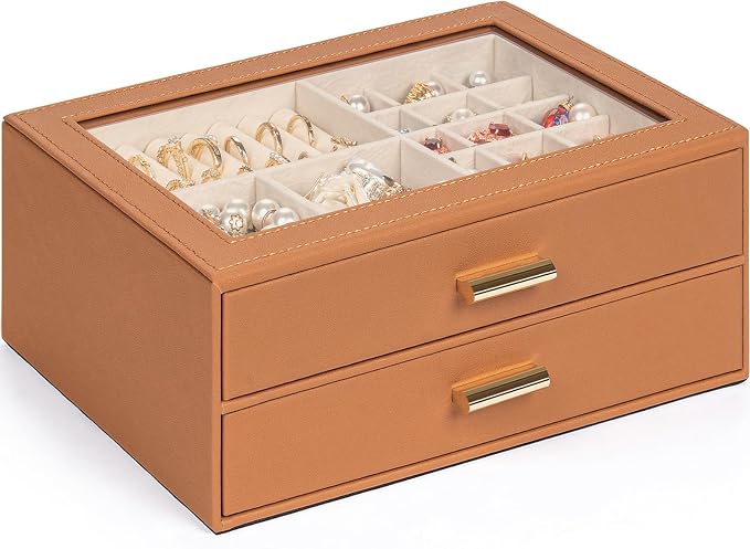 AKOZLIN Jewelry Box with Clear Lid Functional Leather Jewelry Storage Organizer Case 2 Drawers for Women Girls Necklace Ring Bracelet Earring