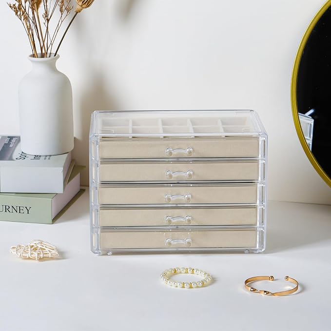 CLUQMEIK Acrylic Jewelry Organizer Box with 5 Drawers, 50 Grids Clear Earring Box Organizer with Adjustable Velvet Trays, Jewelry Storage Organizer for Women Girls, Beige