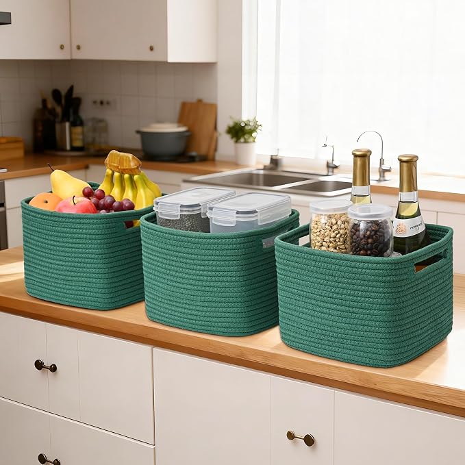 3 Pack Cube Storage Bin, 9”x9”x7” Cotton Rope Woven Baskets for Organizing Toys Clothes Towels, Square Gift Storage Baskets for Shelves, Nursery, Closet, Bathroom, Pantry (Green)