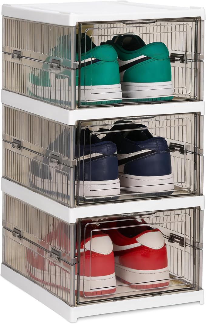Foldable Shoe Rack, With Clear Door, Freestanding Shoe Shelf 6-Tier, Grey | No assembly, Breathable dustproof, Stackable, Front-open door, For closet, entryway, bedroom,