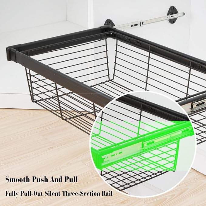 Pull-Out Clothes Storage Basket,Stainless Steel Stackable Shelf Baskets Organizer,Stackable Storage Bins,Adjusted Width for Bedroom Office Bathroom,White-26.37-28.34in