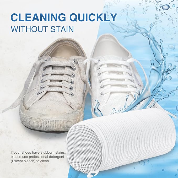 Teletrogy Shoe Washing Bag for Washing Machine, Fluffy Fibers Keep 360° Wrap-around Cleaning, Adjustable Shoe Trees, Durable Hidden Zipper Reusable Laundry Bag for Sneaker Gym Shoes White