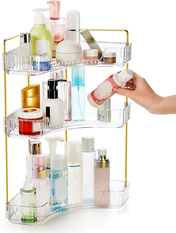 Cididu 3 Tiers Corner Bathroom Counter Organizer, Clear Countertop Shelf Storage Rack, Cosmetic Perfume Tray Standing Holder with Gold Metal Pole, Skincare Sink Organizer for Vanity Kitchen