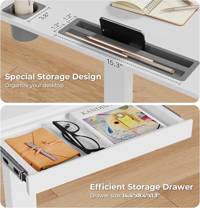 Mobile Standing Desk with Drawer, 35"×20" Small Desk, White | Portable Laptop Workstation with Cup Holder and Hooks, Height Adjustable Rolling Desk with Wheels, Teacher Classroom Use