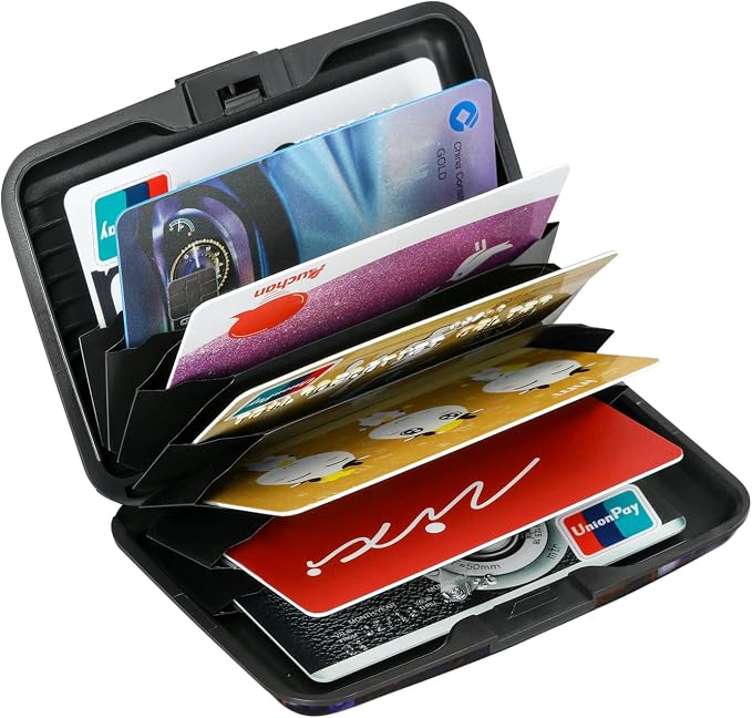 ELFISH Mini RFID Aluminum Wallet Credit Cards Holder Business Card Case Metal ID Case for Men Women（Gold Purple Marble