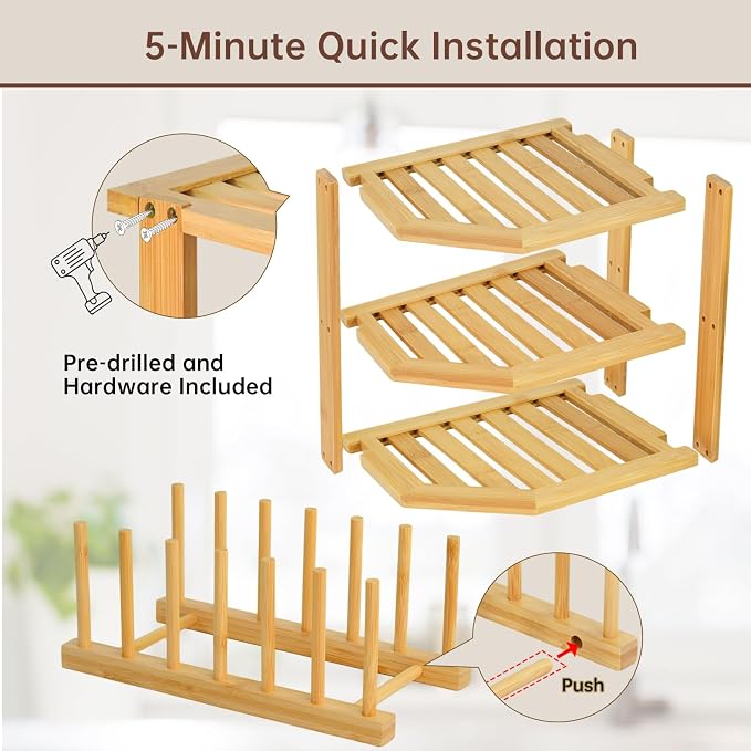 Bamboo Plate Organizer for Cabinet Set,3 Tier Corner Shelf & Plate Holder | Space Saver Wooden Dish Racks, Vertical Cabinet Organizer Shelf for Kitchen Pantry RV Dishes,Bowls,Mugs,Spice,Cups,Lids,1 Set