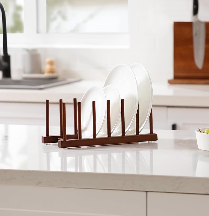 HBlife 4 Packs Teak Wooden Dish Drying Rack Kitchen Plate Organizer Holder | 6 Slots, Vertical Dish Racks for Cabinet Countertop & Wall, Plate Pot Lid Cutting Board Holder, Bowl Cup Drainer, Keep Dry