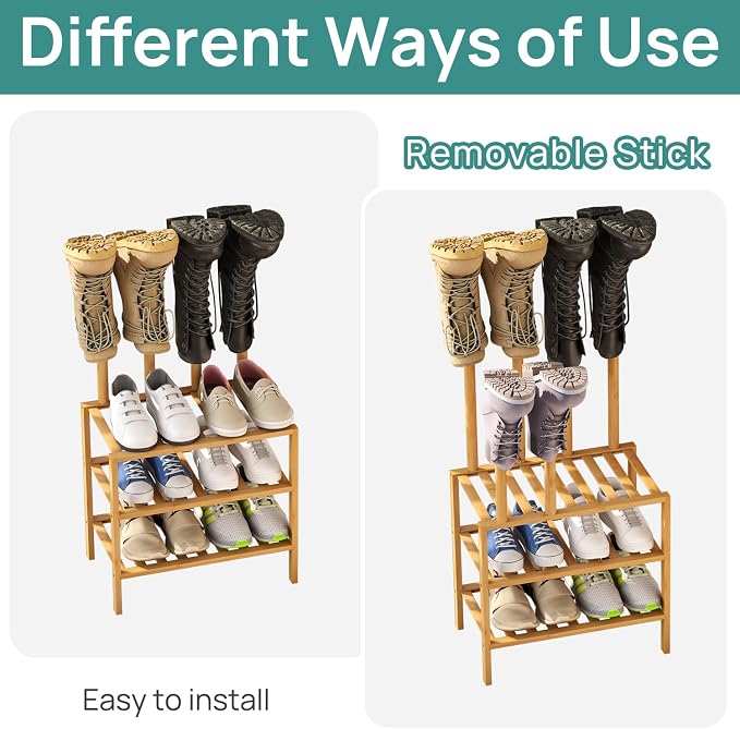 viewcare Small Boot Rack with Shoe Rack, Boot Rack Organizer Tall Boots for Closet, Bamboo Wood Shoe Shelf Storage Organizer for Entryway Small Space