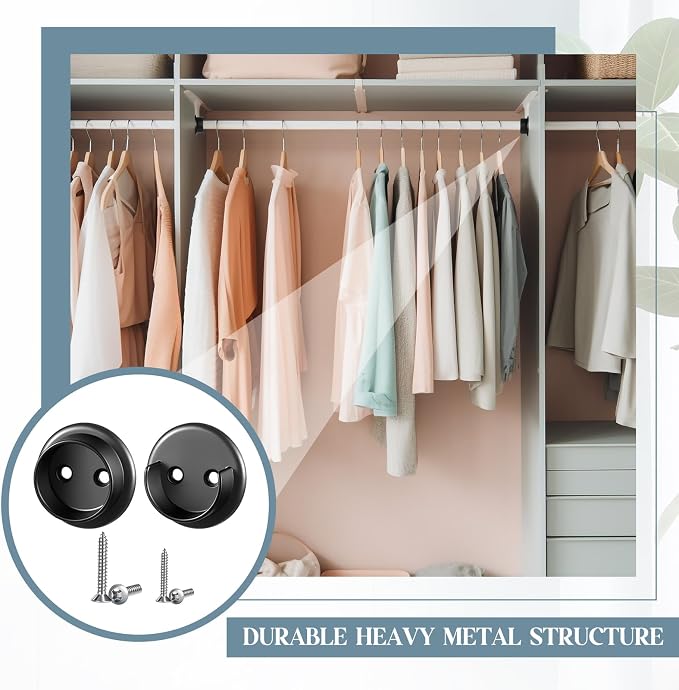 Yaocom 2 Pairs Matte Black Metal Closet Rod Bracket Set Heavy Duty Shower Curtain Closet Pole Socket Accept 1-3/8 Diameter with Screw on Attachment for Wardrobes Shelf