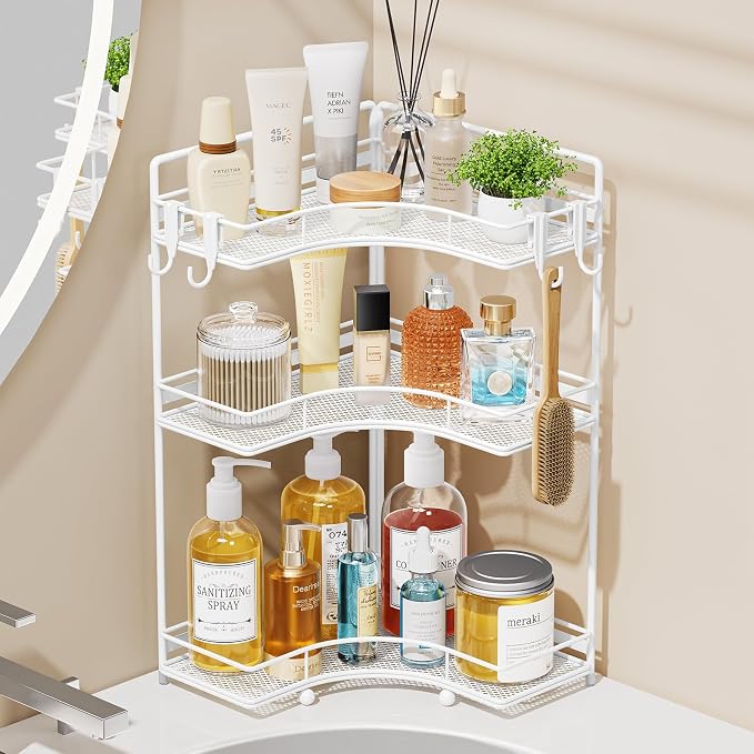 VITVITI 3 Tier Corner Bathroom Counter Organizer, Bathroom Countertop Organizer Storage for Sink, Metal Mesh Makeup Organizer for Vanity Countertop Kitchen with Hooks, White