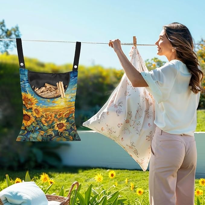 Sunflowers Clothespin Bags Laundry Hanging Storage Organizer Clothes Pin Hanging Bags with Rope Clothespin Holder with an Space-Saving Opening for Clothesline Outdoor