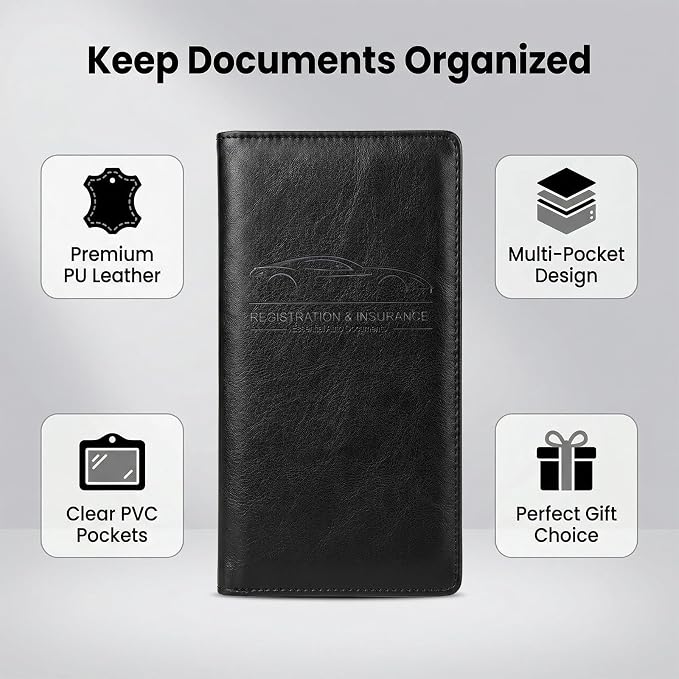 LumiMokki Premium Car Registration & Insurance Card Holder, Cowhide Black | Vehicle Glove Box Organizer, Magnetic Closure Car Document Holder, For Insurance, Cards, License, Women & Men