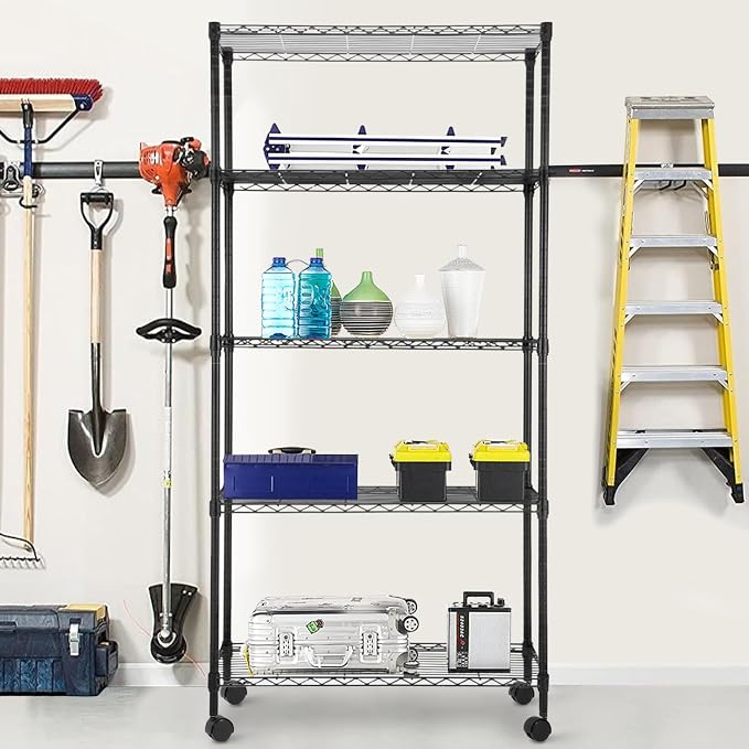 PayLessHere | 5-Tier Wire Shelf with Wheels | 14"x30"x60" | Black | Adjustable Racks | Heavy-Duty Storage Shelves, Holds Upto 220 lbs | Rust-Resistant, No-Tool Assembly | for Home, Garage Shelving