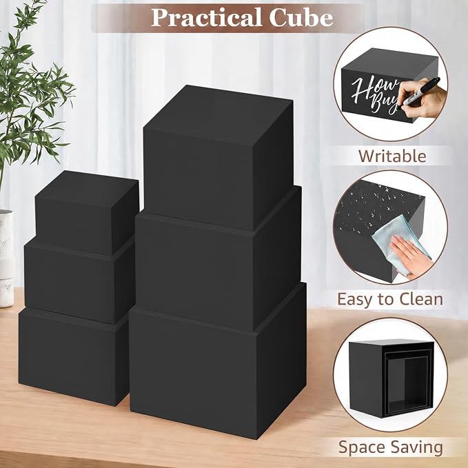 6Pcs Black Buffet Risers Set (Size 5",6",7",8",9",10"),Food Risers for Buffet Table Display Stand Shelf for Party Catering Dessert Collectibles Acrylic Cube Boxes Display with Hollow Bottoms