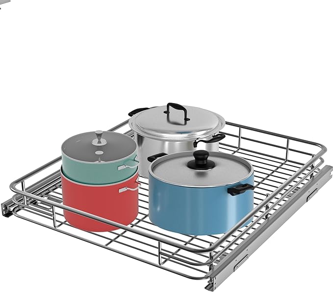 JOWBOOW Pull Out Cabinet Organizer (22.7" W x 21" D), Slide Out Shelves for Kitchen Cabinets, Pull Out Drawers Heavy-Duty Metal Rolling Shelf, Chrome Finish
