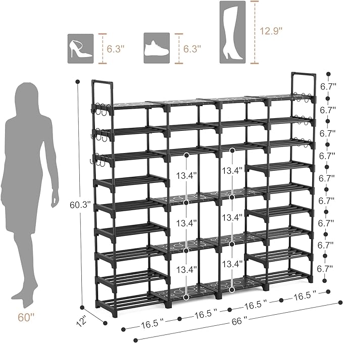 ROJASOP Large Shoe Rack Organizer for Entryway Closet 64-68 Pairs 9-Tier Heavy Duty Tall Garage Shoe Rack Shoe Shelf Shoes Storage with 18 Pcs Removable Side Hooks for Bedroom and Garage Black