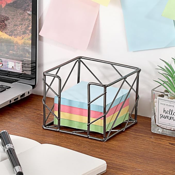 BTSKY Metal Sticky Note Holder, 3x3 Inch Post It Note Dispenser, Modern Memo Cube Holder Desk Organizer for Office & Home, Iron Sturdy Desktop Sticky Note Storage, Black