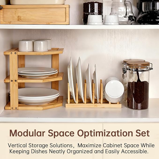 Bamboo Plate Organizer for Cabinet Set,3 Tier Corner Shelf & Plate Holder | Space Saver Wooden Dish Racks, Vertical Cabinet Organizer Shelf for Kitchen Pantry RV Dishes,Bowls,Mugs,Spice,Cups,Lids,1 Set