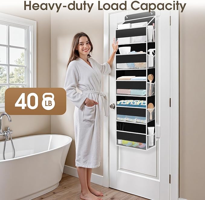 SpaceHacks 1 Pack Over The Door Organizer, Hanging Storage Organizer with Clear Window, 40lb Ultra Sturdy Large Capacity Room Organizer for Pantry Laundry Bathroom Nursery Closet (Black)