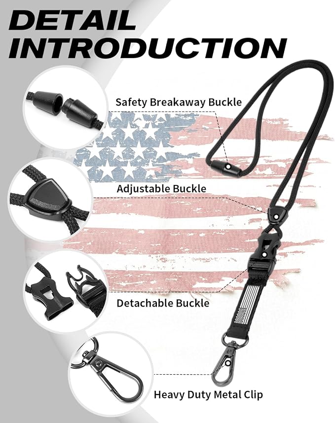 LIUGX Badge Holder with Breakaway Lanyard, Carbon Fiber-Texture, 6 Cards | American Flag, Quick Release Detachable Buckle, Metal Clip, Heavy Duty ID Card Holder, for Work, Office, Easy to Use, Black