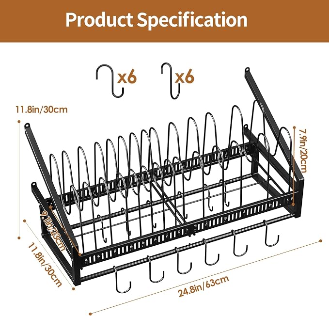 Housolution Wall Mounted Pan Holder Rack Lid Organizer Cookware Hanger | 24.8" Length, 14 Adjustable Dividers, Sturdy Metal Construction, Easy Assembly