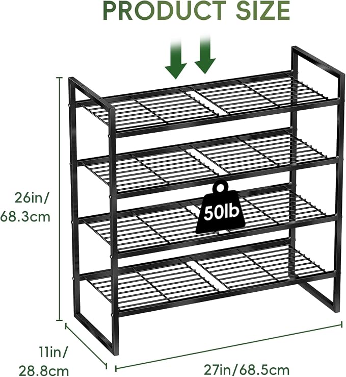 4 Tier Shoe Rack for Closet, 27 Inch Long Square Shoe Storage Organizer for Shelves, Heavy Duty Metal, Easy Assembly Stackable, Black