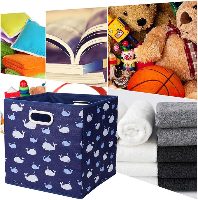 Fabric Cube Storage Bins Whale10.5x 10.5 x 11 in Foldabe Navy Blue Storage Cubes Folding Cloth Storage Cubes Boxes Collapsible Cube Inserts Storage Baskets Drawer for Cube Organizer Closet QY-SC11-6
