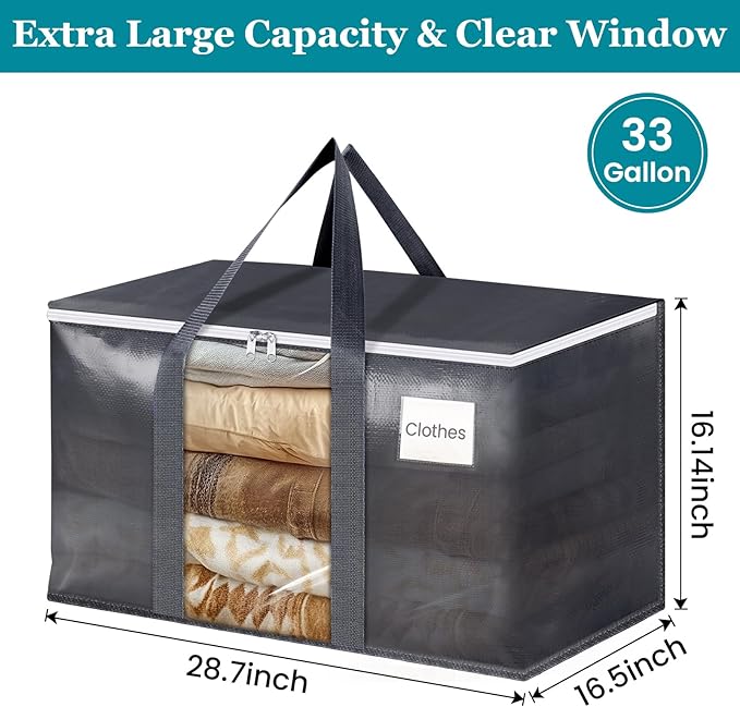HomeHacks 4 Pack Extra Large Moving Bags with Visual PVC Window & Zippers, Storage Totes with Reinforced Handles, Heavy Duty Storage Bags for Packing, Moving, Storage (125L,Grey)