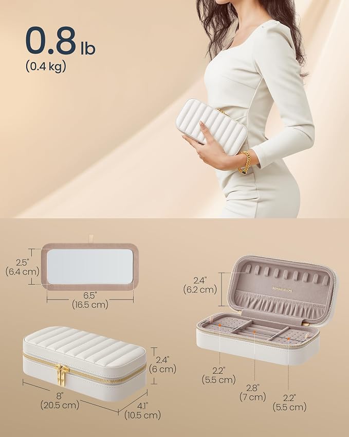 SONGMICS HOME Travel Jewelry Case with Mirror, Stitching, Portable | Jewelry box organizer, 4.1 x 8 x 2.4 Inches, Gift Idea, Cloud White, UJBC180W01