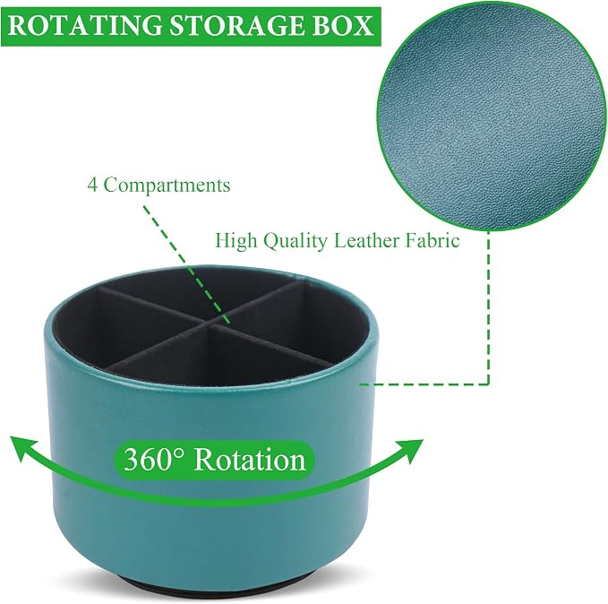 Round Leather Art Supply Organizer,Remote Control Holder,360 Degree Spinning,Multi-Functional Pencil Holder,4 Compartments Desktop Stationary Organizer(1-Sheep Green)