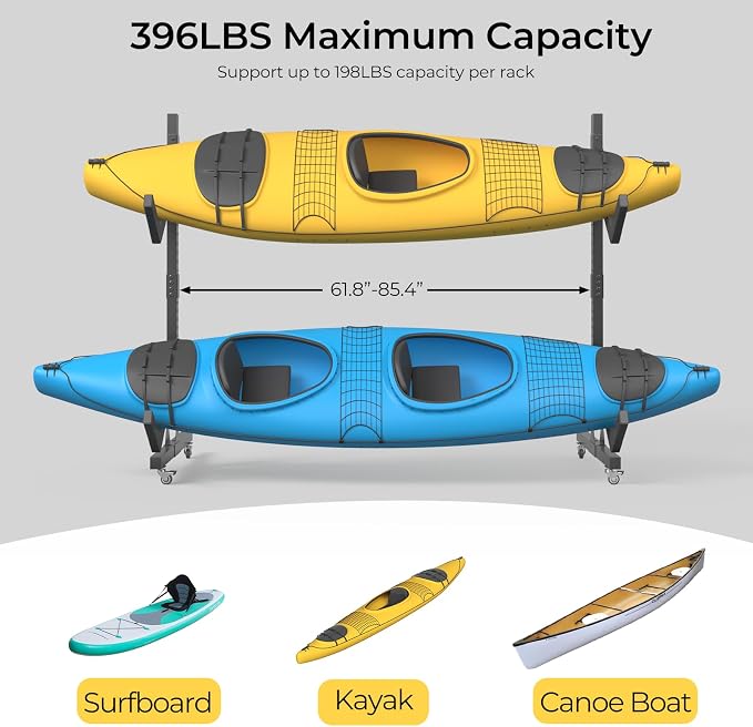 Freestanding Adjustable Kayak Storage Rack, 1 Side 2 Layers Kayak Bracket, Durable Kayak Rack with Lockable Wheels for Indoor, Outdoor, Garage, Shed, Dock