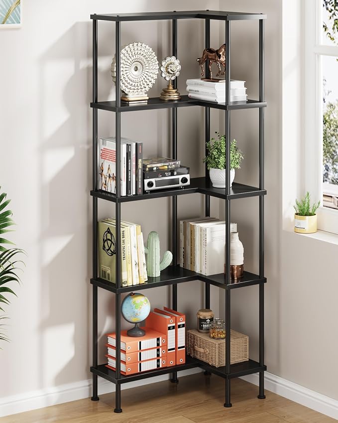 HIGDBFE 5-Tier L-Shaped Corner Bookshelf, 60" Tall Modern Corner Shelf | L-Shape Corner Fits Living Room, Bedroom, or Home Office Corners, 5 Open Shelves, Display Rack for Books, Plants, and More