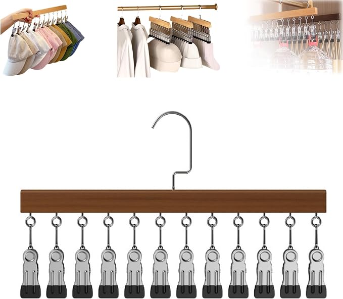Closet Organizer with 10 Clips, Space Saving Hanging Closet Organizer, Space-Saving Hat Scarf Clothespins for Jeans Skirts Socks Pant Hangers with Clips (Vintage-12 Clips, 1PC)