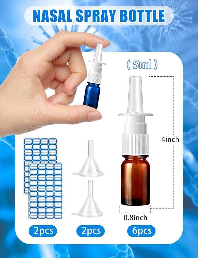 10 Pcs Nasal Spray Bottle, 5ML/0.17OZ 6 Pcs Blue Brown Fine Mist Glass Empty Refillable Nasal Spray Bottles with 2 Funnels and 2 Labels