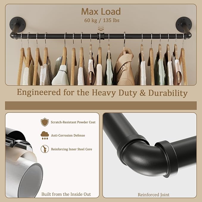 Wall Mounted Clothes Rack, Industrial Pipe Clothing Rack 36 Inch Black, Wall Clothes Hanger for Bedroom, Cloakroom, Closet, Hallway, Boutique Display, Drying Racks Wall-Mount for Laundry