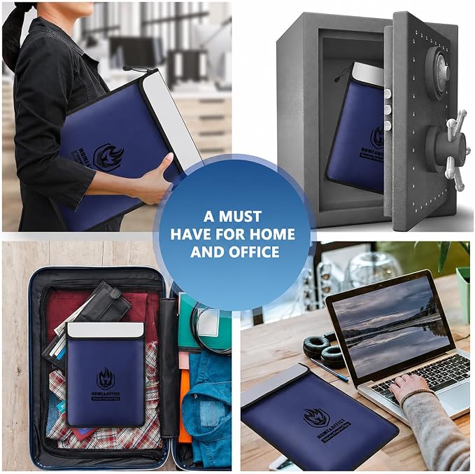 Upgraded Two Pockets Fireproof Document Bag (2000℉), andyer 15”x 11”Waterproof Fireproof Money Bag with Zipper, Fire Safe Waterproof Holder Pouch for Valuables, Legal Documents (Blue)