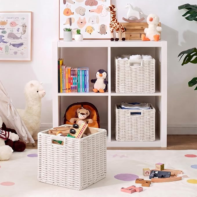 Cotton Rope Cube Storage Basket, 11 Inch Foldable Cubby Organizer Bins with Handles, Handwoven Square Basket for Organizing, Cube Closet Storage Bins for Shelves, Home Decor (White)