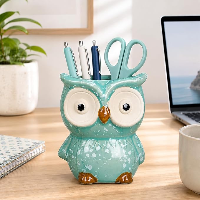Ceramic Owl Shaped Pen Pencil Holder for Desk Decoration Accessories Owl Decor Makeup Brush Pen Cups Succulent Plant Pot Office School Ideal Gifts for Women, Mom or Birthdays
