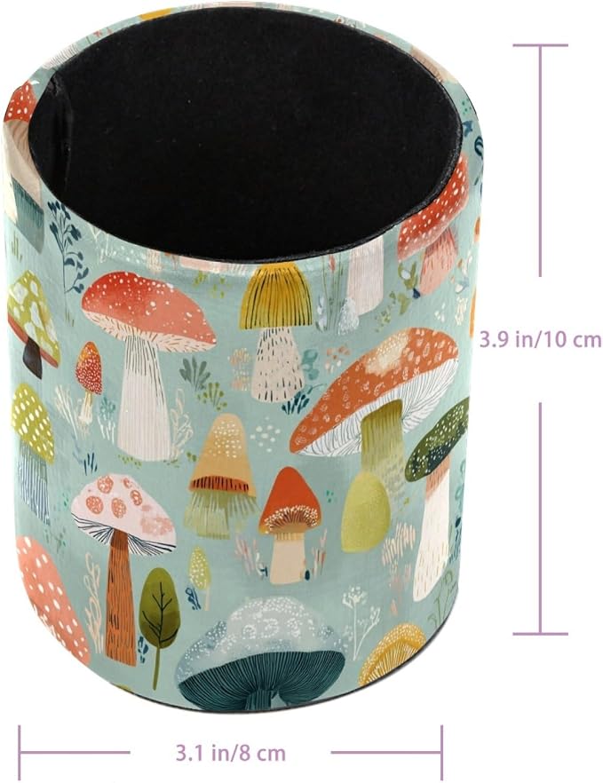 Faux Leather Pen Holder for Desk, Pencil Organizer Mushroom Pen Cup Desk Decor Makeup Brush Holder Storage for Office Home