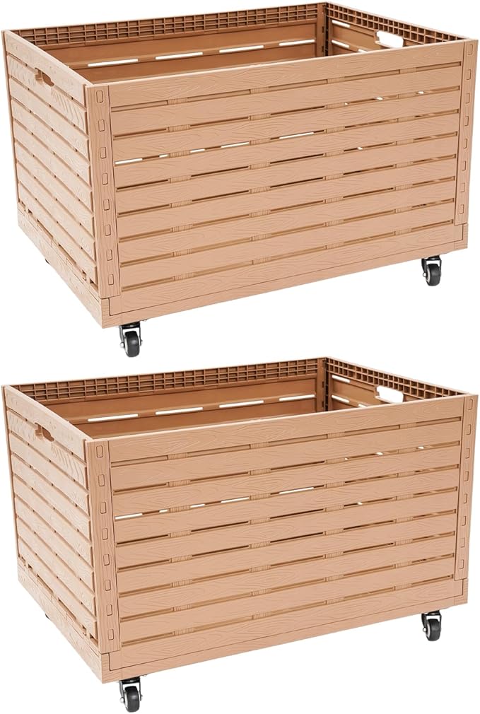 2PCS Collapsible Rolling Crate on Wheels,440lbs Capacity Foldable Bins with Removable 360° Rotation Wheels,Heavy Duty Plastic Furniture Moving Dolly Cart for Travel Shopping Luggage Office