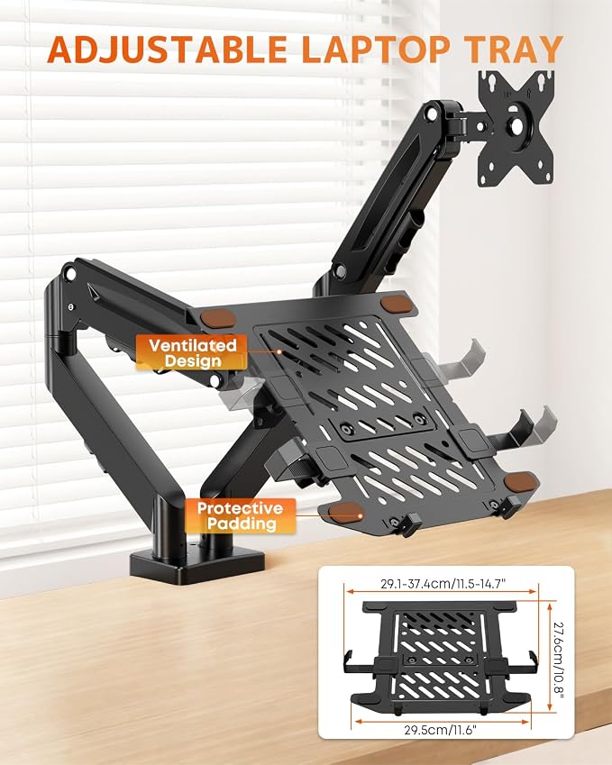 PUTORSEN Monitor and Laptop Arm for Max 32” Monitor and 17” Laptop | 19.8lbs per Arm, Ergonomic Dual Monitor Stand, Fully Adjustable Gas Spring Laptop Tray Arm, VESA 75/100 mm
