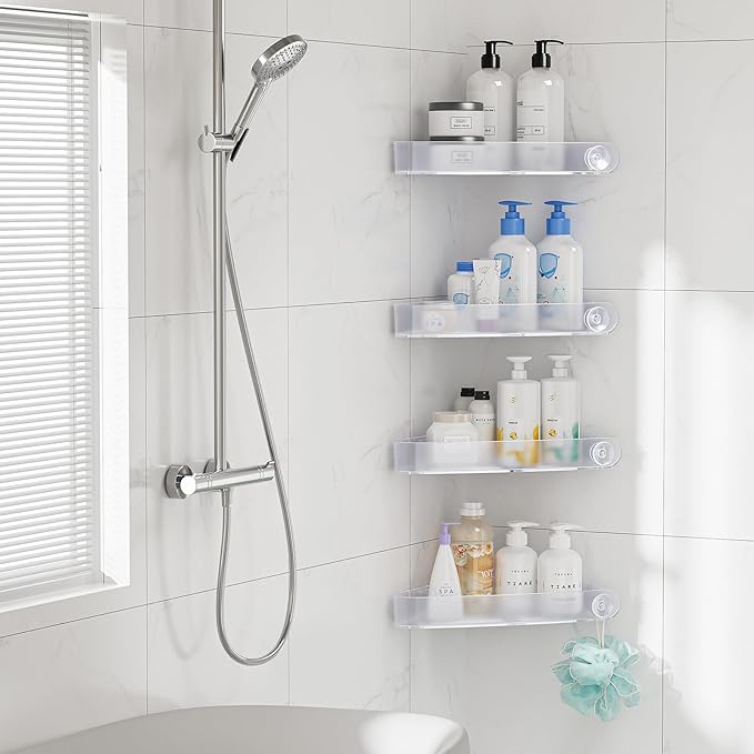 Sotfamily Plastic Shower Caddy Corner (for 90° Only), 4 Pack, Frosted Clear | Adhesive Corner Shower Shelves for Bathroom Organizers and Storage, Bathroom Decor, No Drill, Rust Free