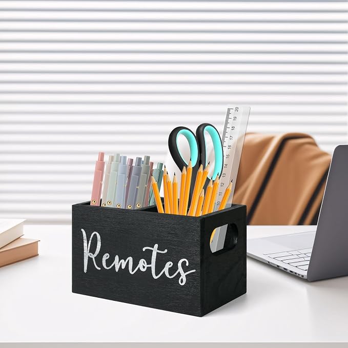 Remote Control Holder, Wooden TV Remote Holder for Table, Remote Caddy Organizer with 2 Compartments, Media Storage Box for Nightstand, Bedside (Black)
