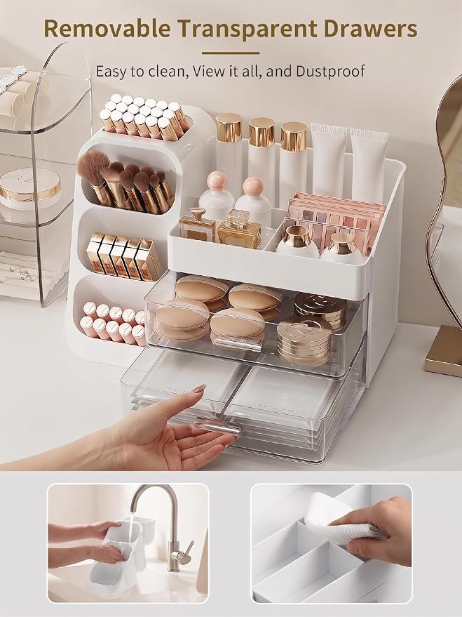 Booklov Large Makeup Organizer for Vanity Countertop, White | Clear Acrylic Cosmetic Display Case, Beauty Brush Holder for Bathroom Counter, Make Up Skincare Lipsticks Storage