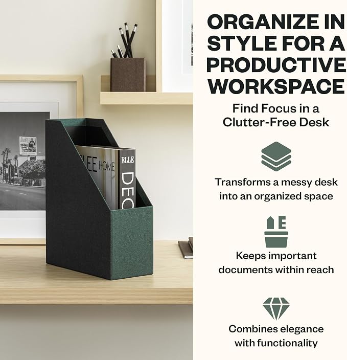 Bigso Estelle Fibreboard Magazine Holder with Leather Handle - Magazine File Holder and Organizer for Papers and Catalogs on Home or Office Desks - W4.4 x D9.8 X H12.7 (inches) - Dark Green