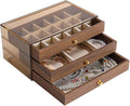 3 Layer Wooden Drawers Jewelry Box Vintage Style Jewelry Organizer with Acrylic Cover, Jewelry Storage Display Box for Ring Earrings Necklace Bracelet Box for Women and Girls(Walnut Color)(A)