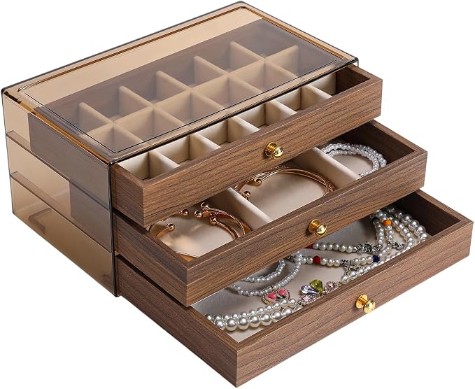 3 Layer Wooden Drawers Jewelry Box Vintage Style Jewelry Organizer with Acrylic Cover, Jewelry Storage Display Box for Ring Earrings Necklace Bracelet Box for Women and Girls(Walnut Color)(A)
