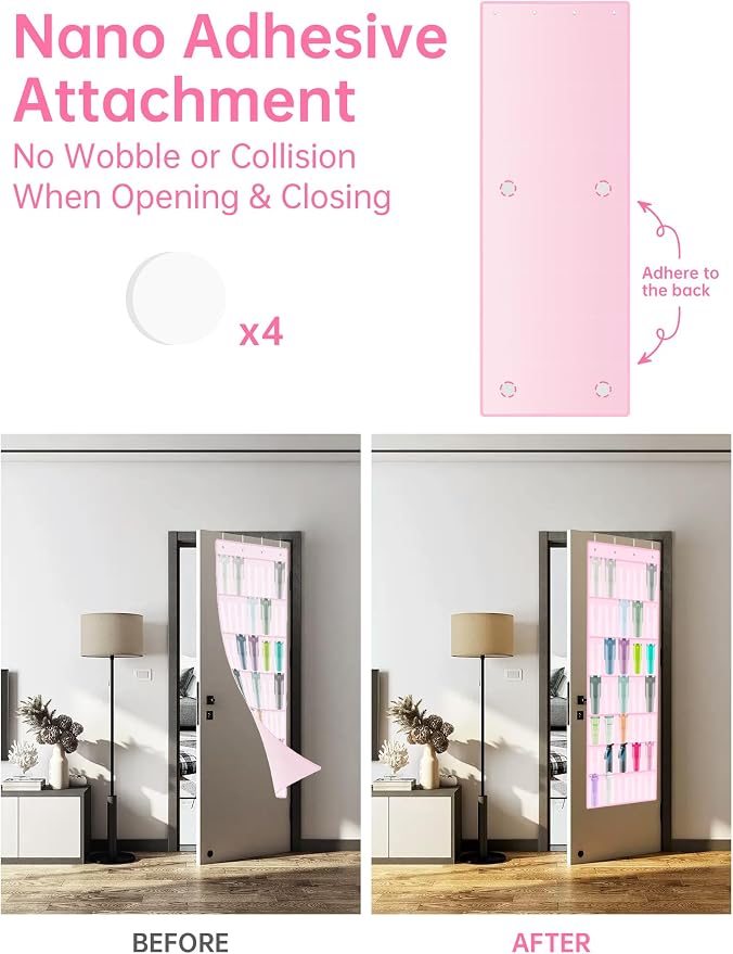 NiHome 35-Pocket Door Hanging Cup Organizer Fit for Stanley Tumbler 30 40oz | Large Capacity Over the Door Water Bottle Storage with Nano Tape, Waterproof Oxford Fabric, U-Shaped Handle Slots (Pink)
