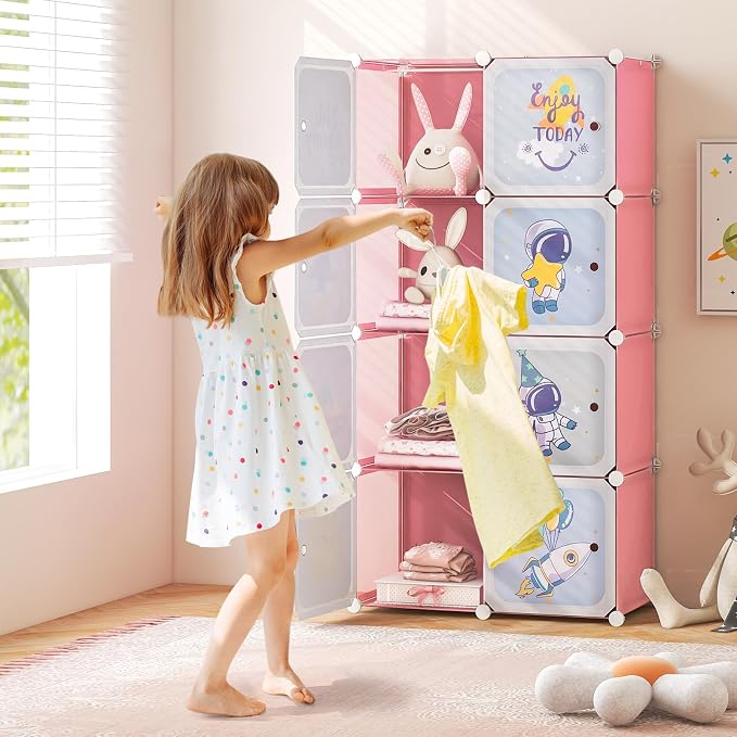 INFANS Children Wardrobe, Kid Closet Portable Baby Dresser Cute for Kids Bedroom Nursery Armoire with Doors 12 Cube 2 Hanging Sections, Kid Clothes Storage Organizer (Pink, 8 Cubes)
